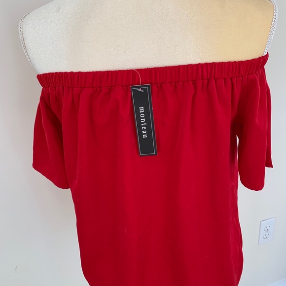 Red Silky Off the Shoulder Top - Picture 2 of 3